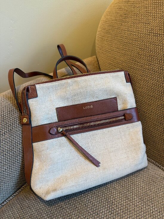 Lodis Handbags - Lodis Canvas Leather Pippa Backpack Tan Trim Convertible Travel Bag